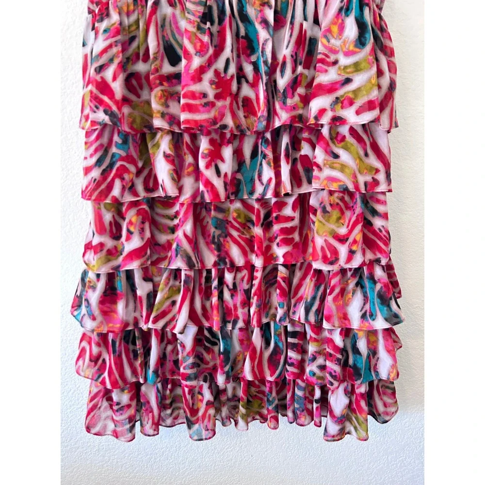 Tunique Boho Layered Frill Skirt - Pink & Blue Artistic Print - Festival Wear M‎